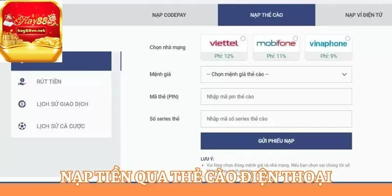 Bạn có thể lựa chọn nạp tiền qua thẻ cào điện thoại